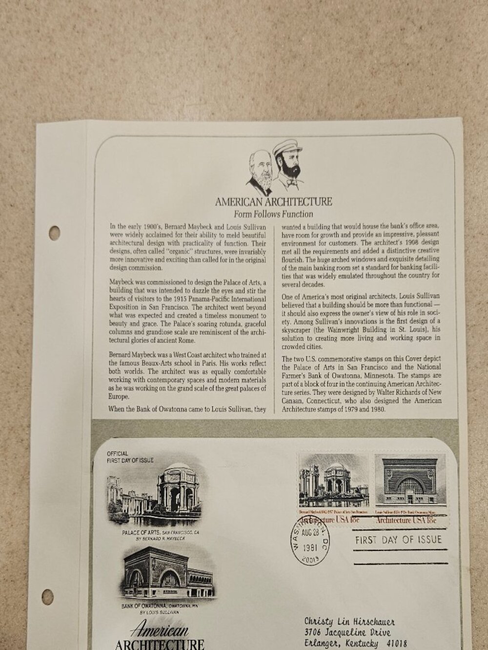 RARE COLLECTIBLE USPS 1ST DAY ISSUE AMERICAN ARCHITECTURE PALACE OF ARTS STAMP